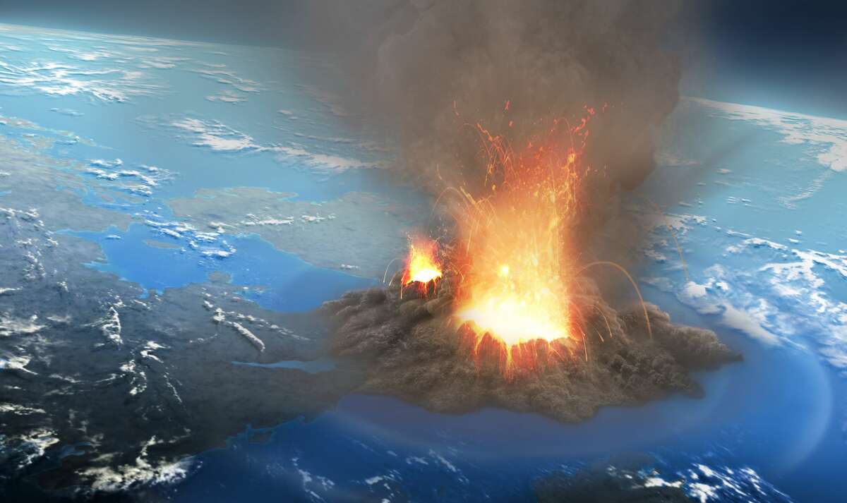 Illustration of a supervolcano eruption seen from an altitude of around 40 km. These eruptions form ash clouds that can reach tens of kilometres into the sky. Eventually the ash cloud collapses, sending avalanches of dust, ash and incandescent rock away from the eruption site at high speeds, hugging the ground in a pyroclastic flow.