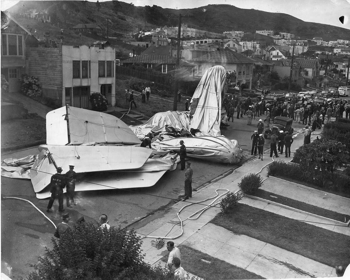 A crewless out of control Navy Patrol Blimp landed in a street in Daly City, August 16, 1942 U.S. Nay photo Photo ran 08/17/1942, P. 3