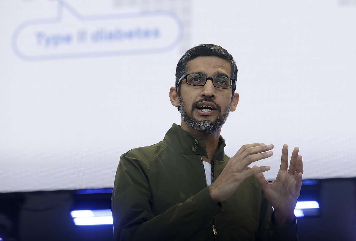 FILE- In this May 8, 2018, file photo, Google CEO Sundar Pichai speaks at the Google I/O conference in Mountain View, Calif. Pichai is scheduled to meet privately with members of Congress Friday, Sept. 28, after he and his boss, Google co-founder Larry Page, stood up lawmakers at a public hearing earlier this month. The closed-door gathering is expected to include discussions about President Donald Trump's recent allegations that Google has been rigging the results of its influential search engine to suppress conservative viewpoints. Google has denied any political bias. (AP Photo/Jeff Chiu, File)