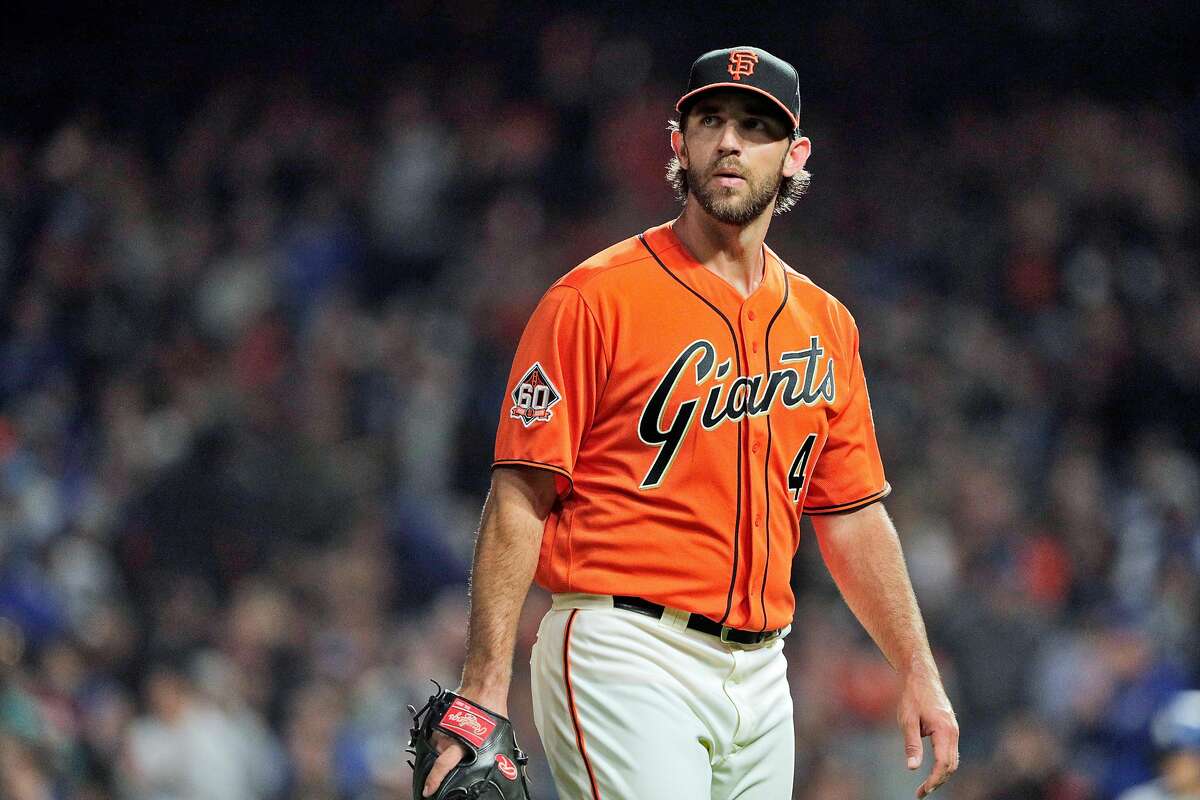 Madison Bumgarner (40) looks toward the outfield after getting out of the second inning as the San Francisco Giants played the Los Angeles Dodgers at AT&T Park in San Francisco, Calif., on Friday, September 28, 2018.