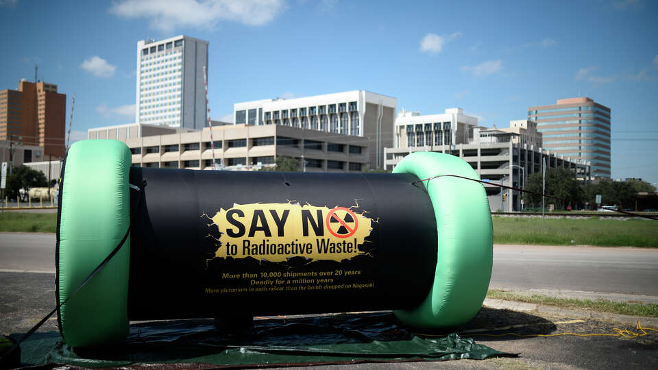 An inflatable life-size model of casks used to transport nuclear waste material is displayed near the intersection of Main Street and Industrial Sept. 29, 2018. James Durbin/Reporter-Telegram