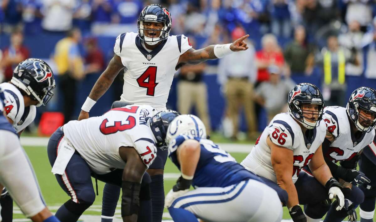Houston Texans quarterback Deshaun Watson (4) calls out signals at the line against the Indianapolis Colts during the second half of an NFL football game at Lucas Oil Stadium on Sunday, Sept. 30, 2018, in Indianapolis. The Texans won 37-34.