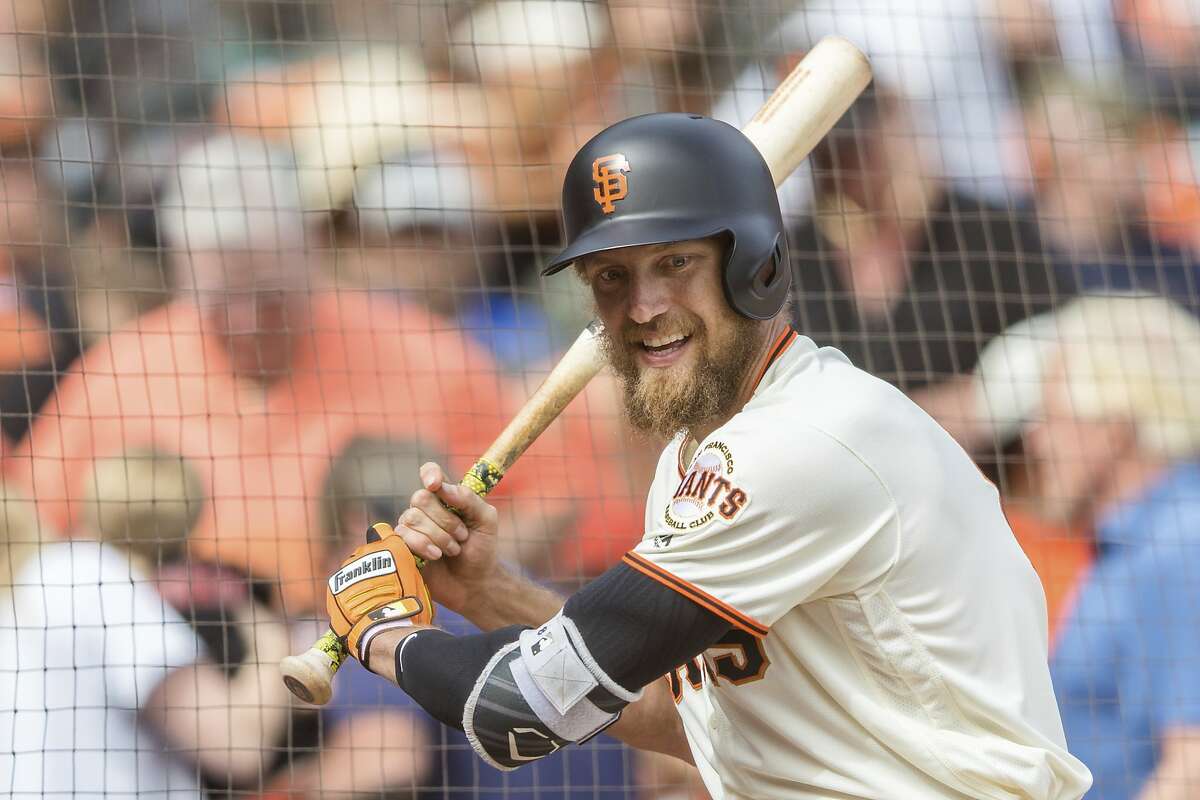 San Francisco Giants Hunter Pence on-deck for the last time with the club before batting against the Los Angeles Dodgers in the ninth inning of a baseball game in San Francisco, Sunday, Sept. 30, 2018. (AP Photo/John Hefti)