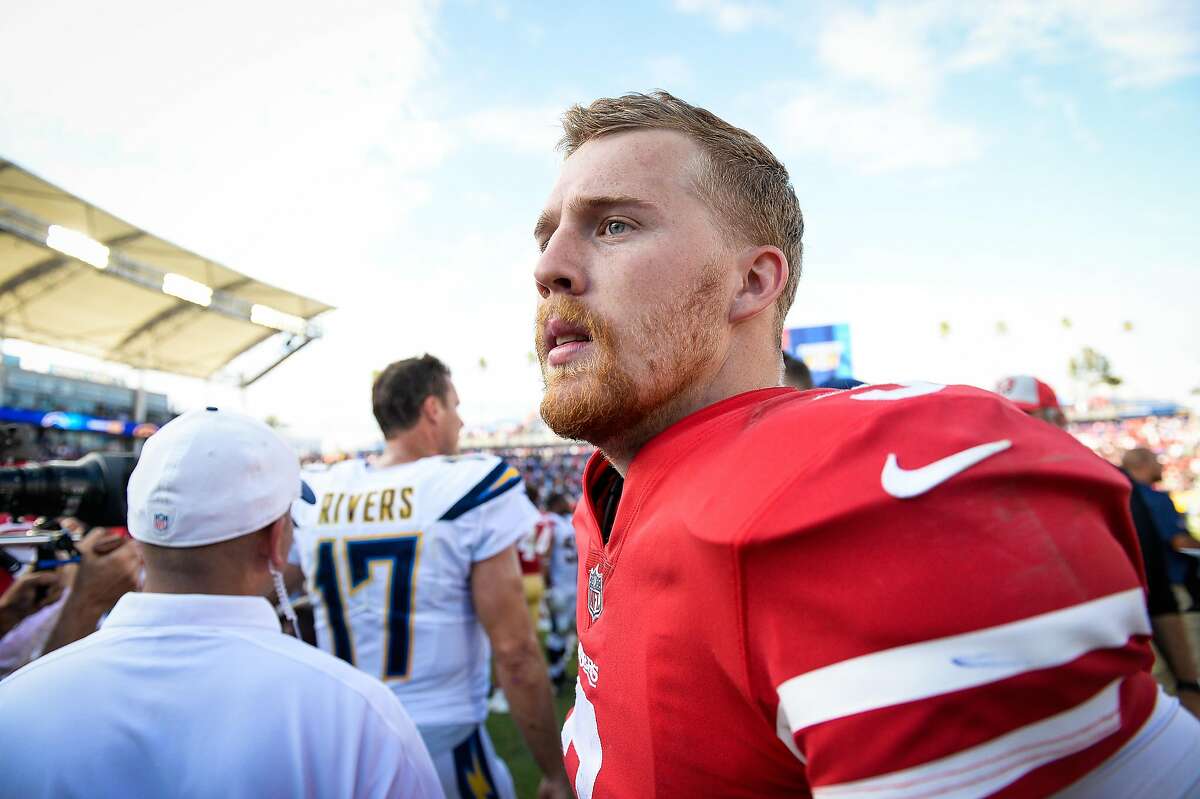 Quarterback C.J. Beathard #3 of the San Francisco 49ers walks around the field after the game against the Los Angeles Chargers at StubHub Center on September 30, 2018 in Carson, California.