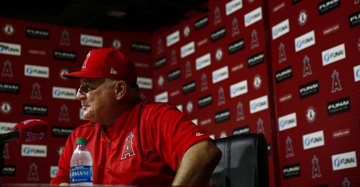 Los Angeles Angels manager Mike Scioscia pauses while speaking at a press conference after the Los Angeles Angels defeated the Oakland Athletics on Sunday, Sept. 30, 2018 at Angel Stadium in Anaheim, Calif. (Kent Nishimura/Los Angeles Times/TNS)