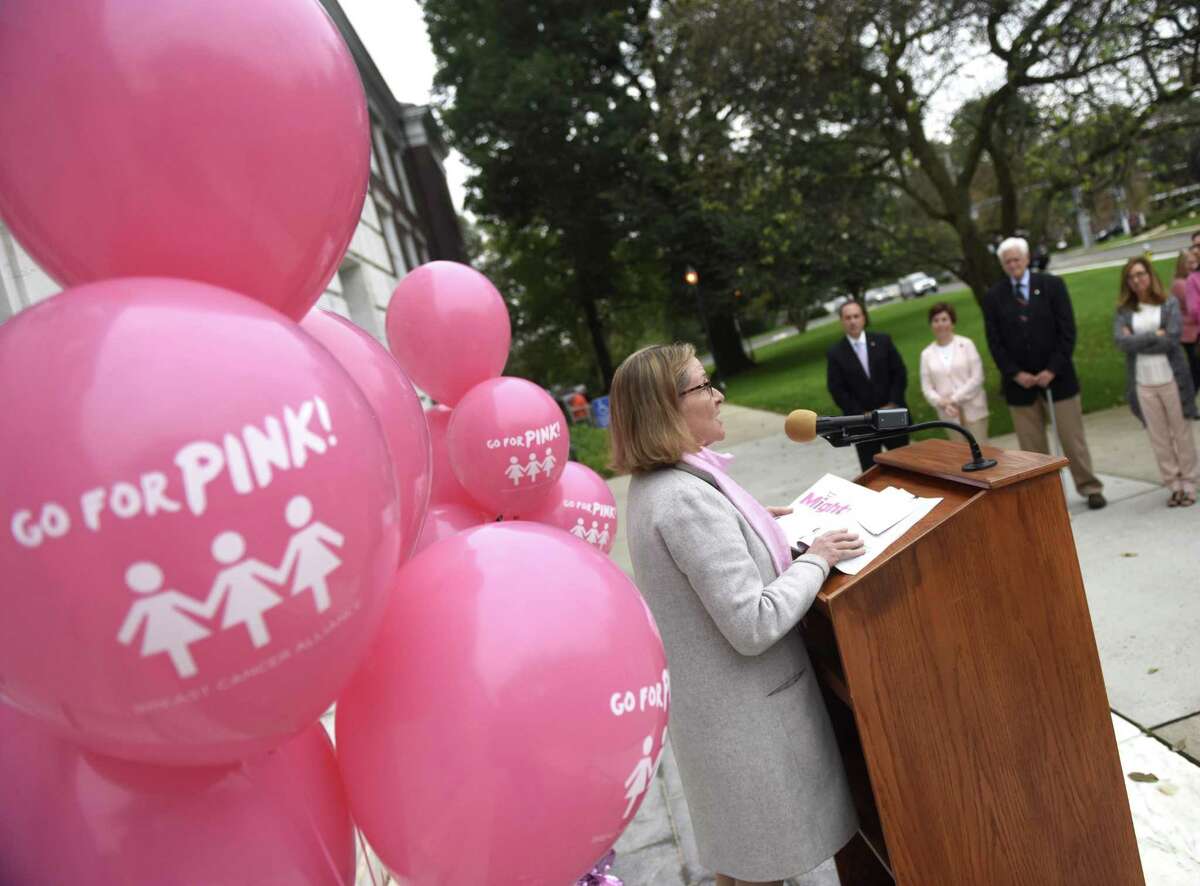 Greenwich Hospital Breast Cancer Center Medical Director Dr. Barbara Ward speaks during the Breast Cancer Alliance's GoForPink Flag Raising at Town Hall in Greenwich, Conn. Monday, Oct. 1, 2018. The Town of Greenwich and many local merchants partnered together for a series of events promoting Breast Cancer Awareness Month including an educational forum, and shopping and dining days to raise funds for BCA. BCA President Mary Jeffery, BCA Executive Director Yonni Wattenmaker, Greenwich Hospital Breast Cancer Center Medical Director Dr. Barbara Ward, and First Selectman Peter Tesei spoke at the flag raising.