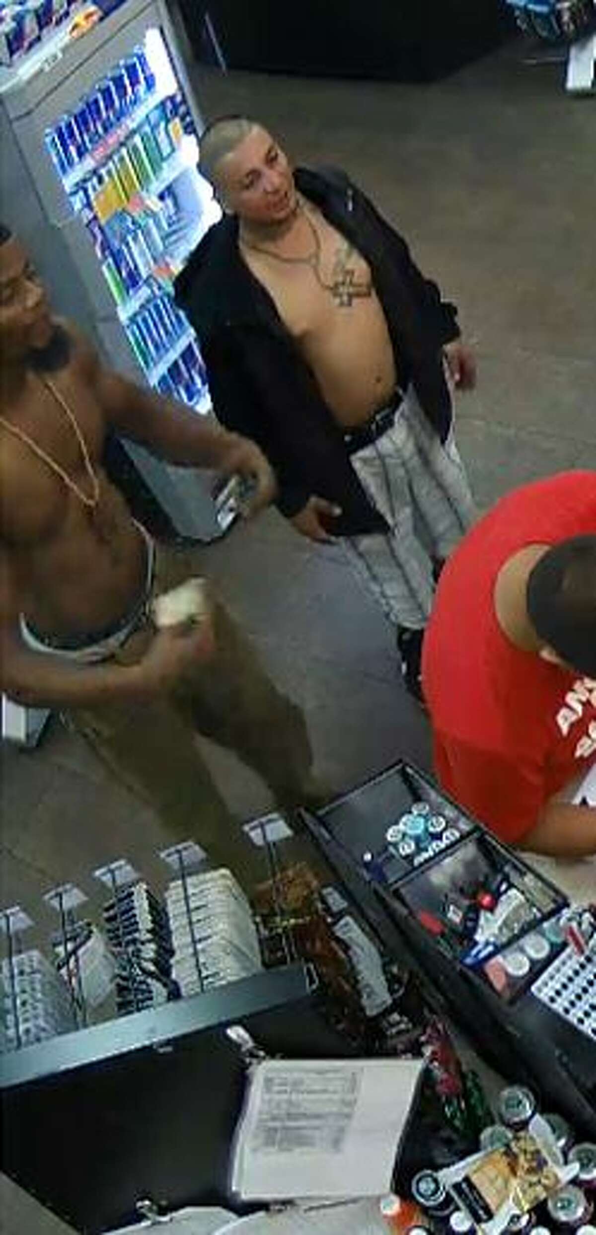 The shirtless duo entered the Murphy's in the 2500 block of Southeast Military Drive on Sept. 19, and one of the men grabbed the beer.