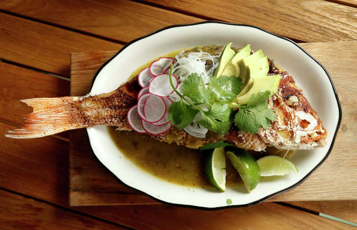 Gulf Red Snapper: crispy whole fish, avocado, tomatillo salsa, just made flour tortillas, black beans and white rice at Superica.
