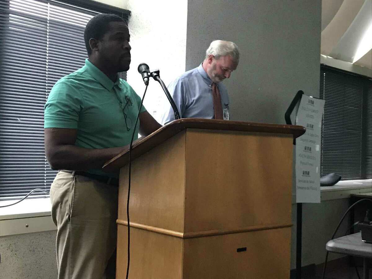 Eco-Urban Pioneers owner Shafiq Abdussabur speaks to the New Haven Board of Education on Monday, Oct. 1, 2018.