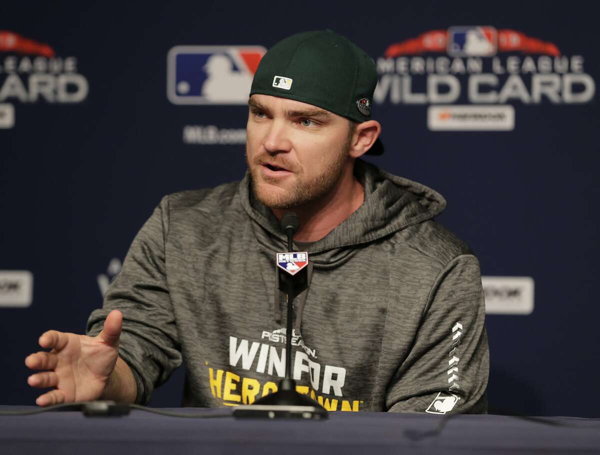 Oakland Athletics relief pitcher Liam Hendriks, of Australia, speaks during a news conference before their upcoming American League wildcard baseball game against the New York Yankees Tuesday, Oct. 2, 2018, in New York. (AP Photo/Frank Franklin II)