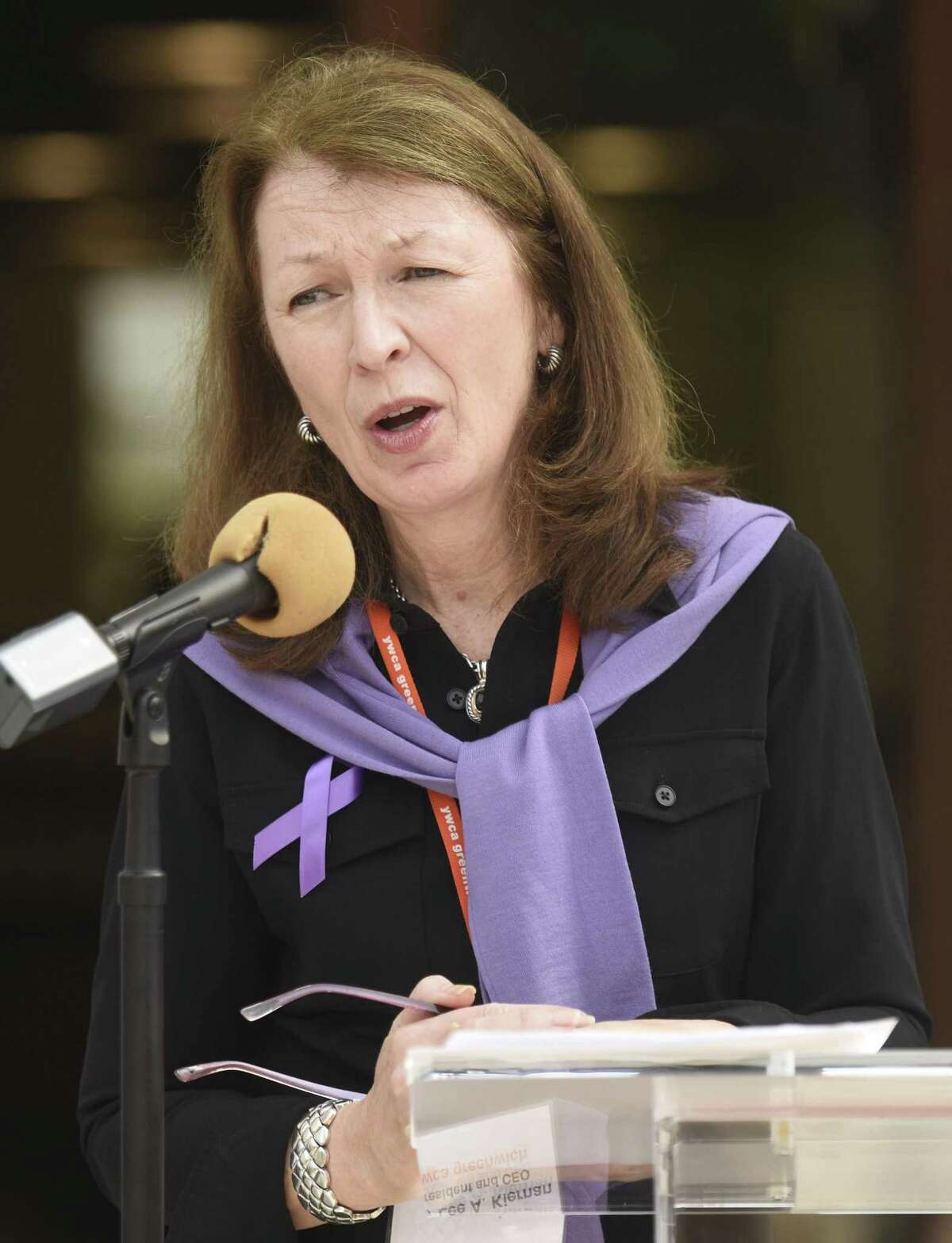 YWCA President and CEO Mary Lee A. Kiernan speaks during the Domestic Violence Awareness and Prevention Month Kickoff at Town Hall in Greenwich, Conn. Tuesday, Oct. 2, 2018. Representatives from the YWCA's domestic abuse services and Chief of Police James Heavey spoke about the prevelance of domestic violence and the importance of outreach services for victims. First Selectman Peter Tesei also read a proclamation to commemorate the start of Domestic Violence Awareness and Prevention Month. Events continue throughout the month including a candlelight vigil, art show reception, movie night and shopping event.