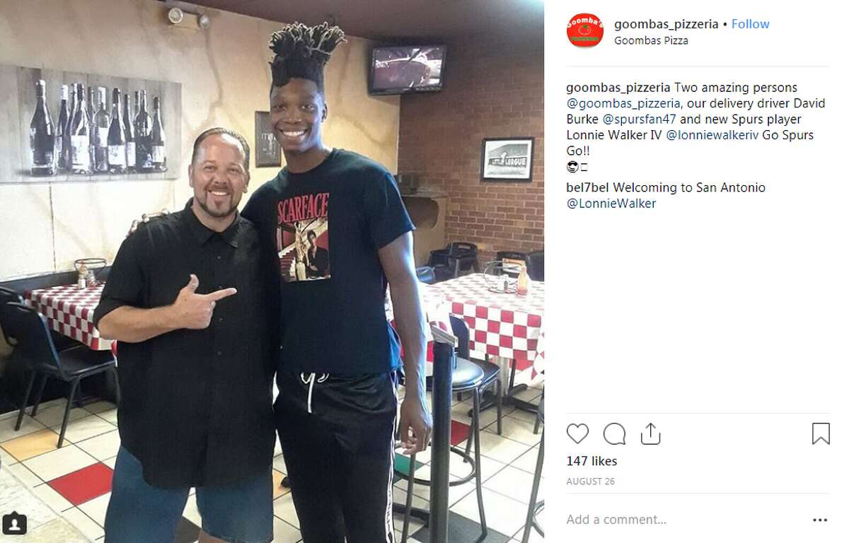 goombas_pizzeria: Two amazing persons @goombas_pizzeria, our delivery driver David Burke @spursfan47 and new Spurs player Lonnie Walker IV @lonniewalkeriv Go Spurs Go!!
