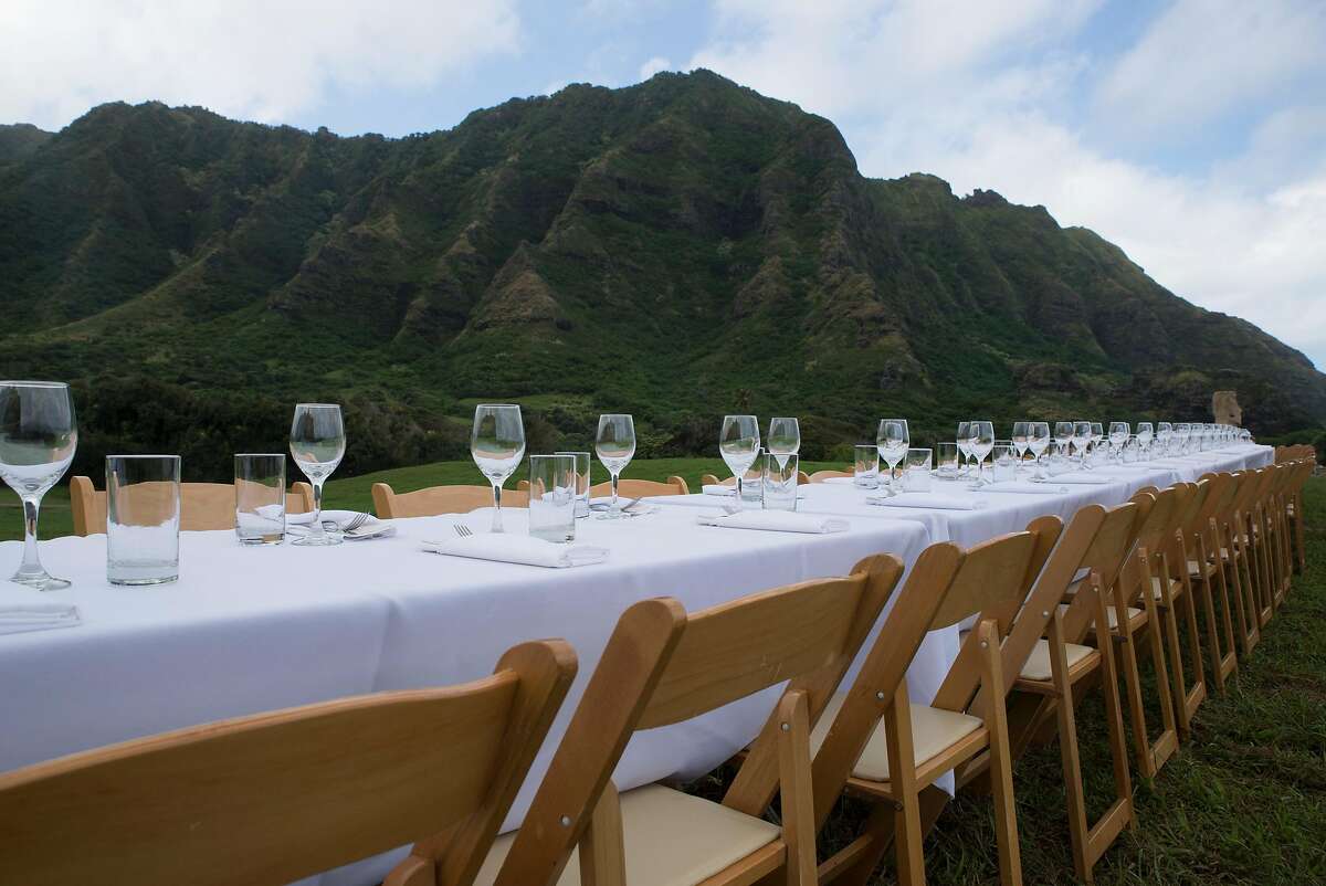 The table setting at the 2016 Outstanding In the Field event at Kualoa Ranch.