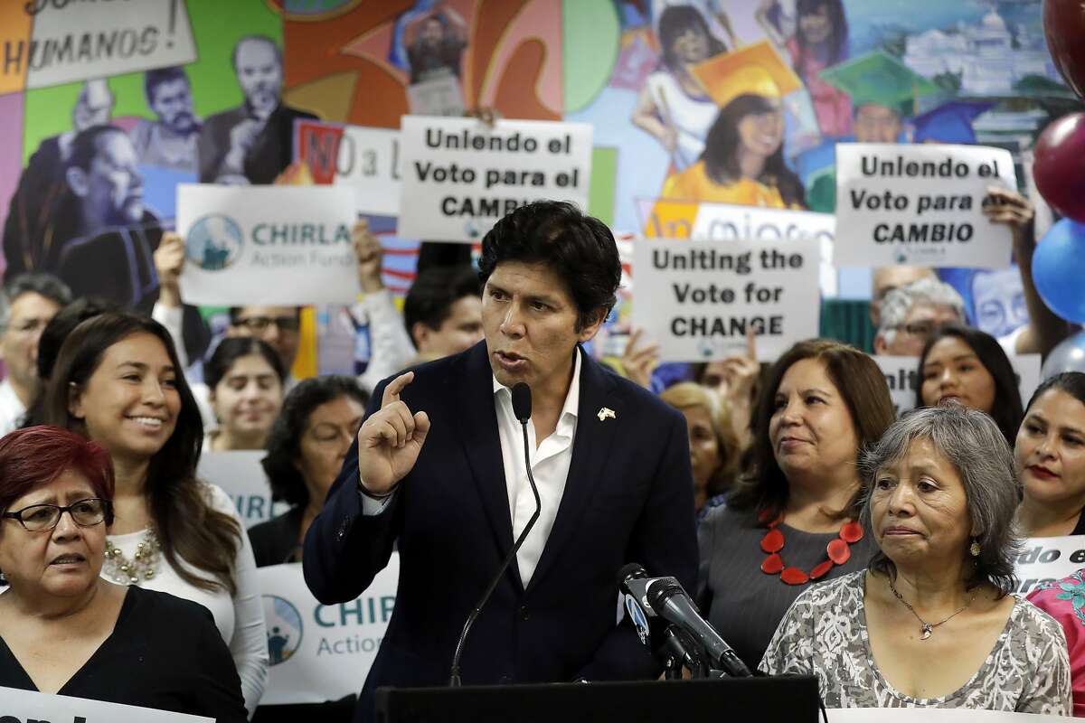 ADVANCE FOR RELEASE SATURDAY, OCT. 6, 2018, AND THEREAFTER - FILE - In this Sept. 25, 2018, file photo State Sen. Kevin de Leon, D-Los Angeles, speaks during a campaign stop at CHIRLA Action Fund headquarters in Los Angeles. De Leon is running for U.S. Senate against incumbent Dianne Feinstein. (AP Photo/Marcio Jose Sanchez, File)