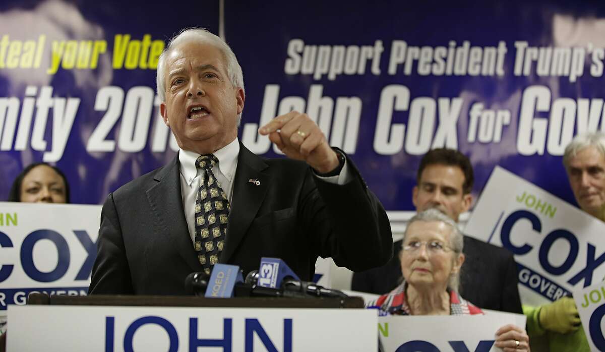 ADVANCE FOR RELEASE SATURDAY, OCT. 6, 2018, AND THEREAFTER - FILE - In this May 23, 2018, file photo, Republican gubernatorial candidate John Cox addresses supporters at the Sacramento County Republican Party headquarters in Sacramento, Calif. Cox, a businessman living in the San Diego area, is running against Lt. Gov. Gavin Newsom to replace Gov. Jerry Brown. (AP Photo/Rich Pedroncelli, File)