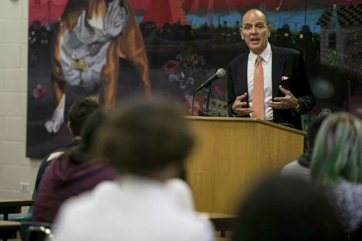 Robert Chavez, president and CEO of Hermès of Paris, addresses students during his visit at his alma mater Luther Burbank High School in San Antonio Wednesday, Oct. 3, 2018.