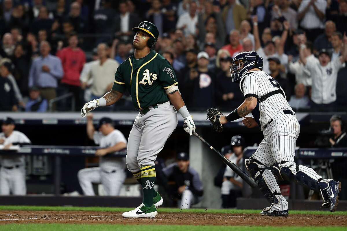 NEW YORK, NEW YORK - OCTOBER 03: Khris Davis #2 of the Oakland Athletics reacts after striking out in the fifth inning during the American League Wild Card Game at Yankee Stadium on October 03, 2018 in the Bronx borough of New York City. (Photo by Al Bello/Getty Images)