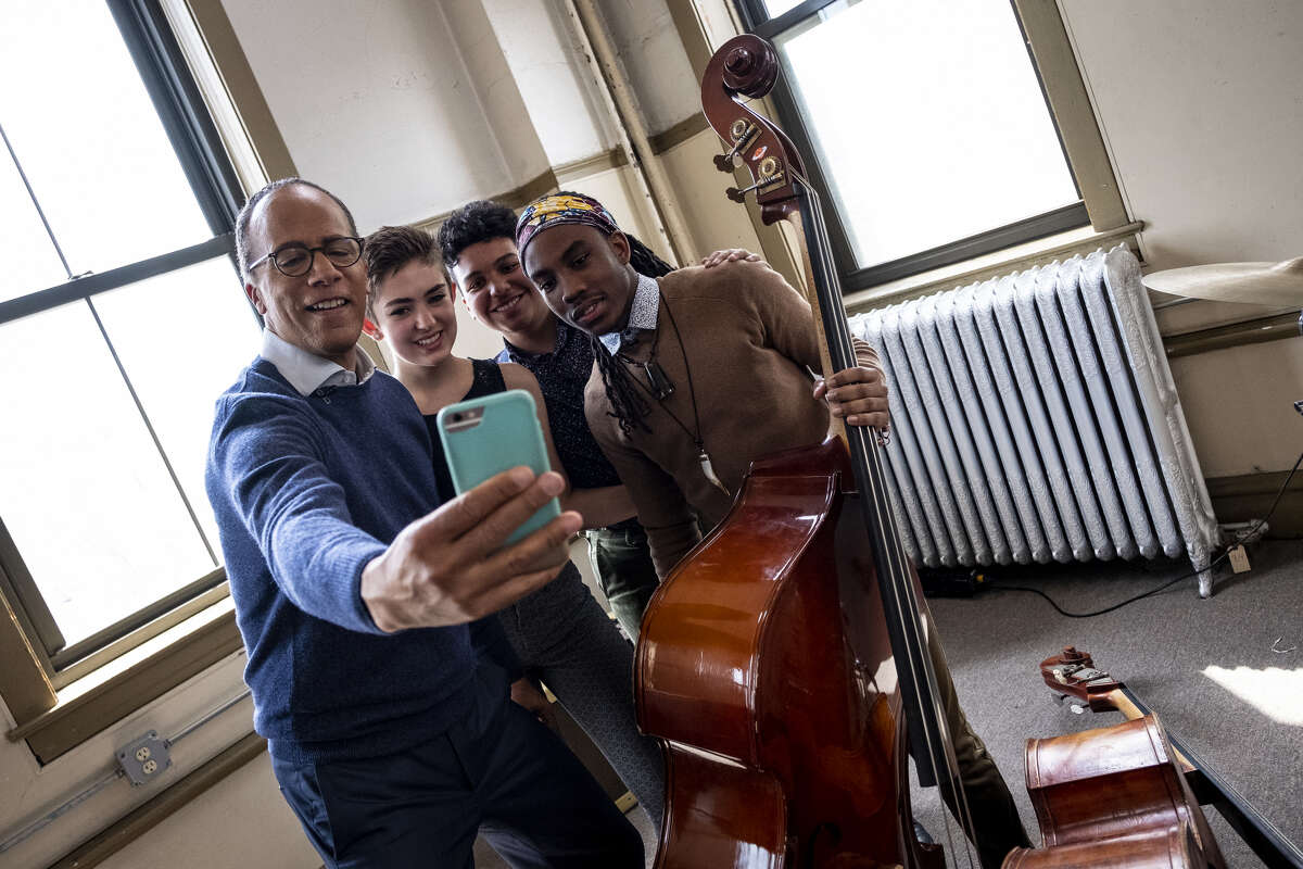 Lester Holt in Chicago, taking a selfie with aspiring young musicians who participate in a  program through the Jazz Institute of Chicago that pairs them with professionals. It was one of the segments for "Across America" feature on NBC Nightly News.