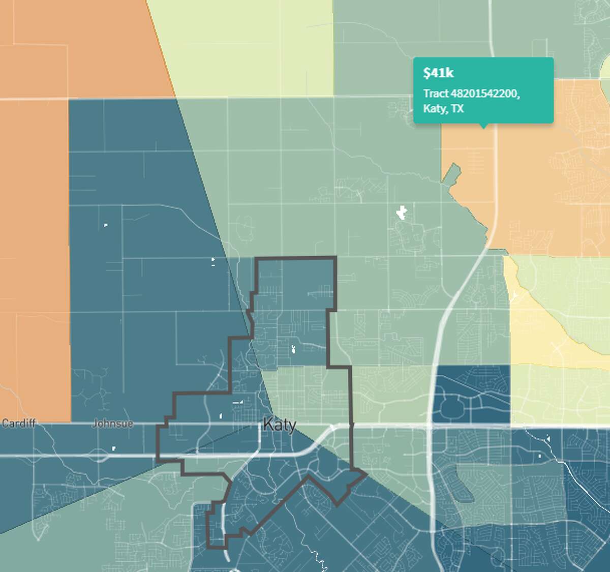 KatyLOWEST: Children born between 1978-1983 in this portion of northern Katy off the Grand Parkway and Clay Road are expected to earn $41,000 per year in household income in their 30s today.