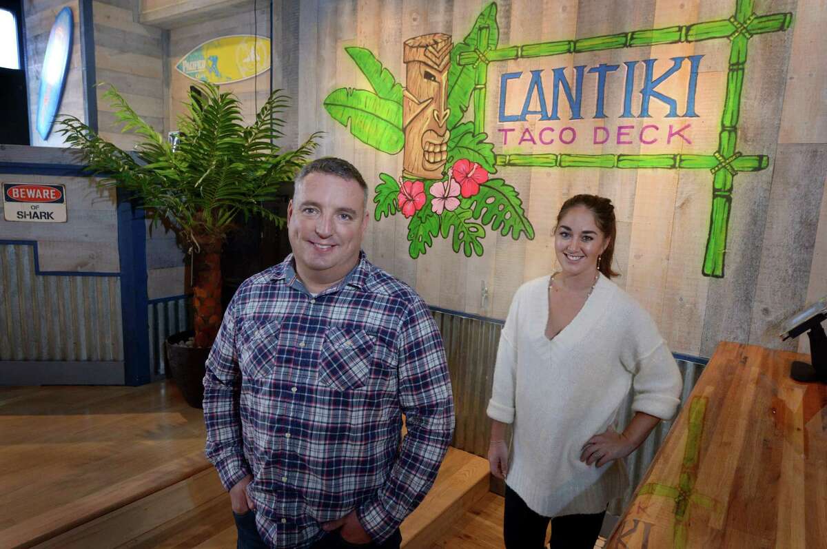 Cantiki Taco Deck Operations Manager Tom Ammerman and Event Coordinator Samantha Gordon at 80 Washington St. in Norwalk. Cantiki opens Oct. 10 with a “tropical oasis” vibe, menu and drinks.