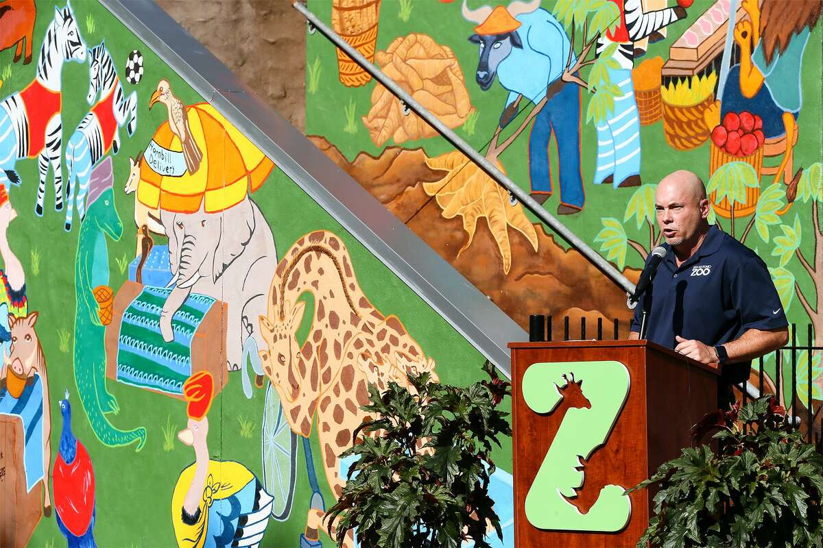 Tim Morrow, CEO and Executive Director of the San Antonio Zoo, speaks at the unveiling of the UTSA Africa Live Mural, created by art students from the University of Texas at San Antonio, on Thursday, Oct. 4, 2018. The 10-week project, depicting an African market and covering approximately 800 square-feet, was conceived, designed and produced by classes from UTSA's department of Art and Art History.
