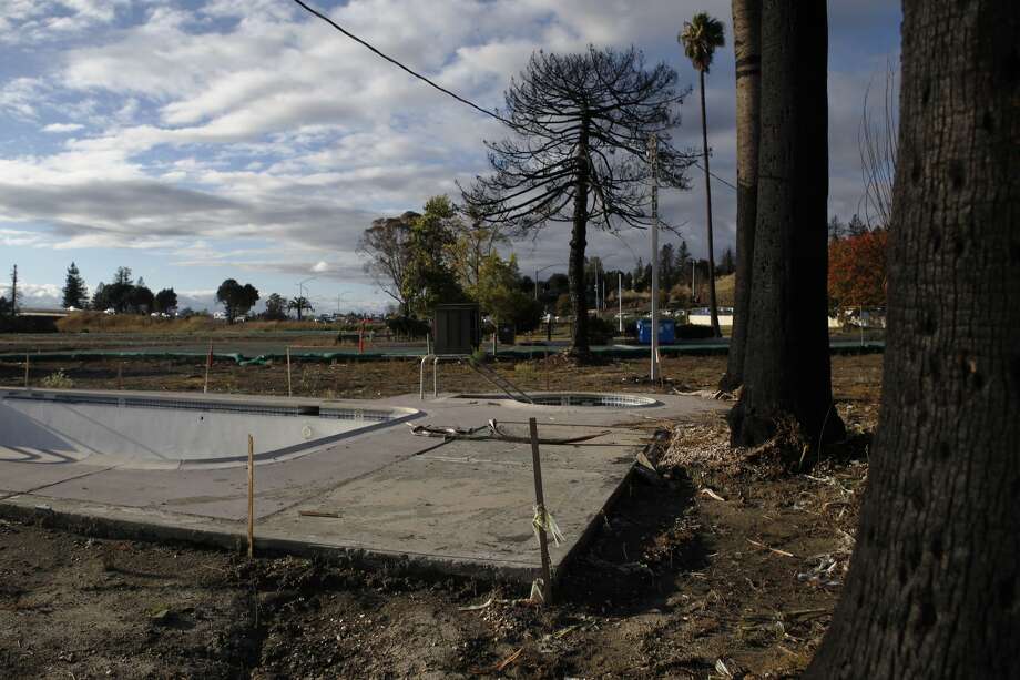 What is left of the pool in the Journey's End mobile home park on Wednesday, Oct. 3, 2018. Photo: Katie Wood/SFGATE 