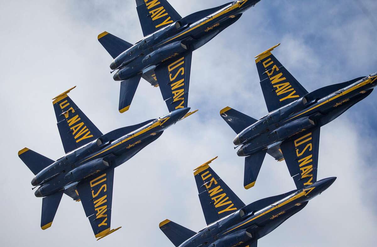 The U.S. Navy Blue Angels fly over San Francisco, Calif. Thursday, Oct. 4, 2018 during a practice run ahead of Fleet Week's annual Air Show.
