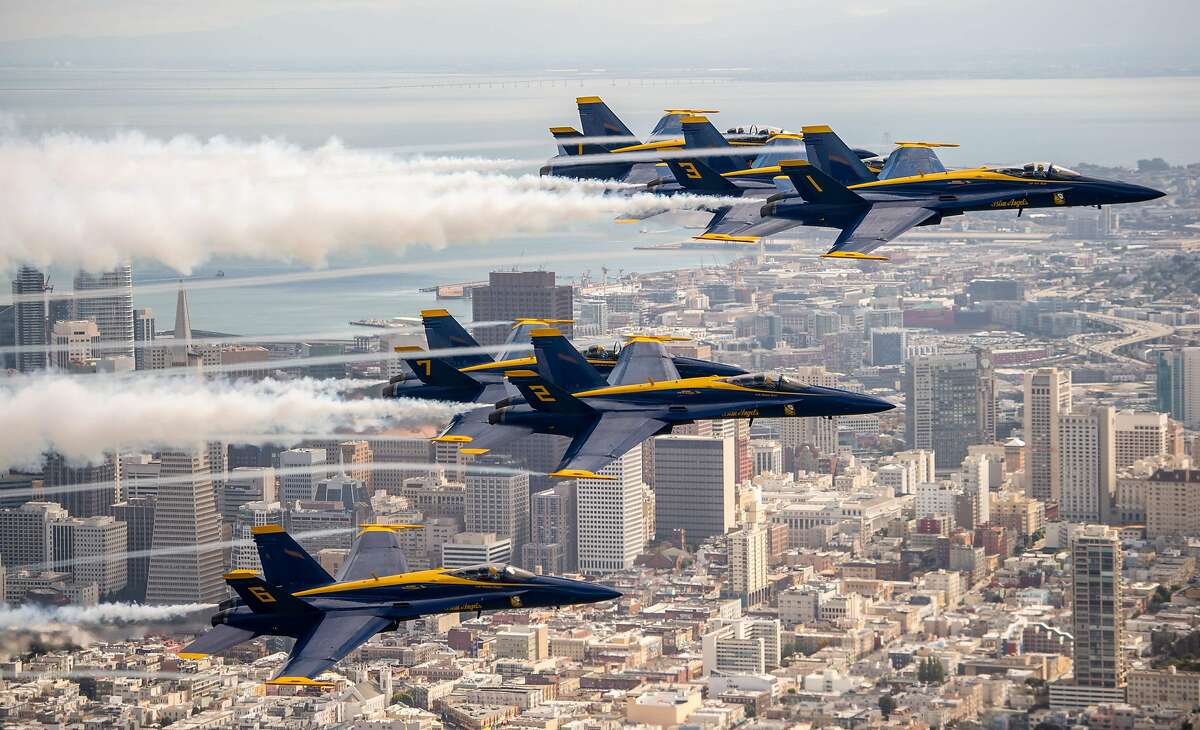 The U.S. Navy Blue Angels fly over San Francisco as part of a practice run for Fleet Week on Oct. 4, 2018.