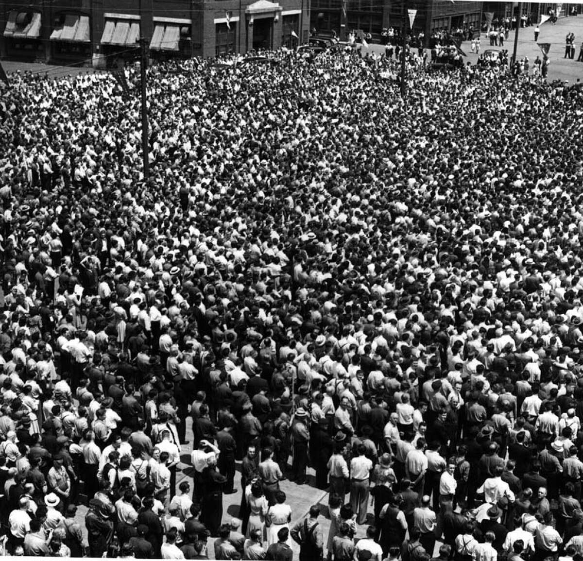 CROWDS--part of the crowd of 20,000 General Electric workers at the Schenectady plant to see the presentation of the Navy 'E Award' 6/20/42 (Times Union archive) 