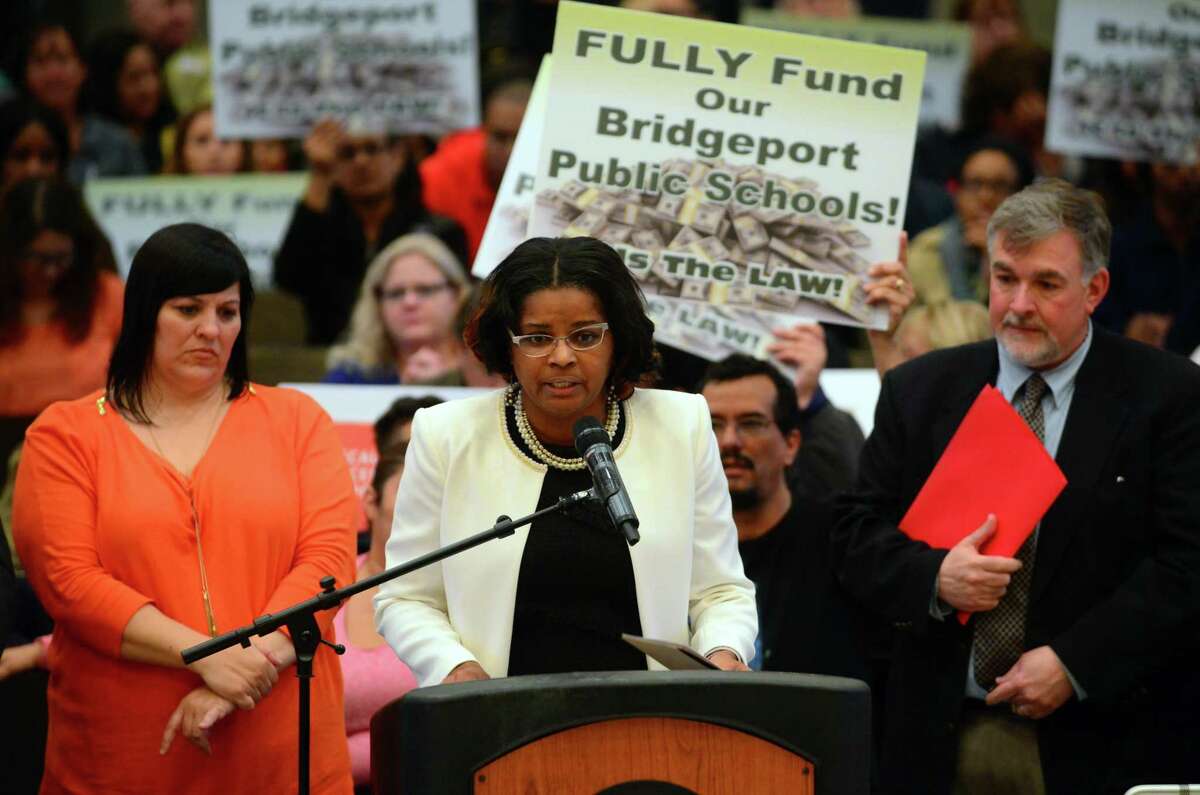 Then Interim School Superintendent Aresta Johnson speaks to urge city council to fully fund the school board budget request during a meeting at City Hall's Council Chambers in Bridgeport, Conn., on Tuesday Apr. 25, 2017. The board wants $11.4 million over what it gets now.
