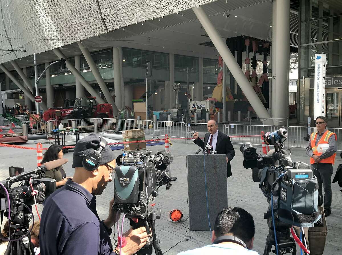 Mark Zabaneh, executive director of the Transbay Joint Powers Authority, updates reporters at a press conference on Friday afternoon.