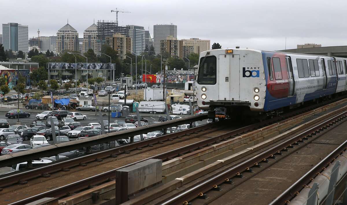 A westbound BART train arrives at the West Oakland station in Oakland, Calif. on Thursday, Aug. 2, 2018. BART is setting up a bus bridge between the West Oakland station and the 19th Street and Lake Merritt stations during selected weekends in August and September to perform critical track work.