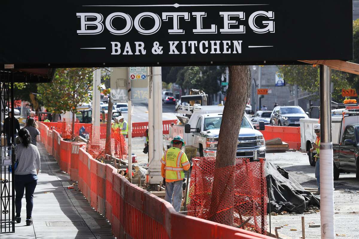 Construction on Van Ness Avenue is seen behind the awning for Bootleg Bar and Kitchen on Thursday, October 4, 2018 in San Francisco, Calif.
