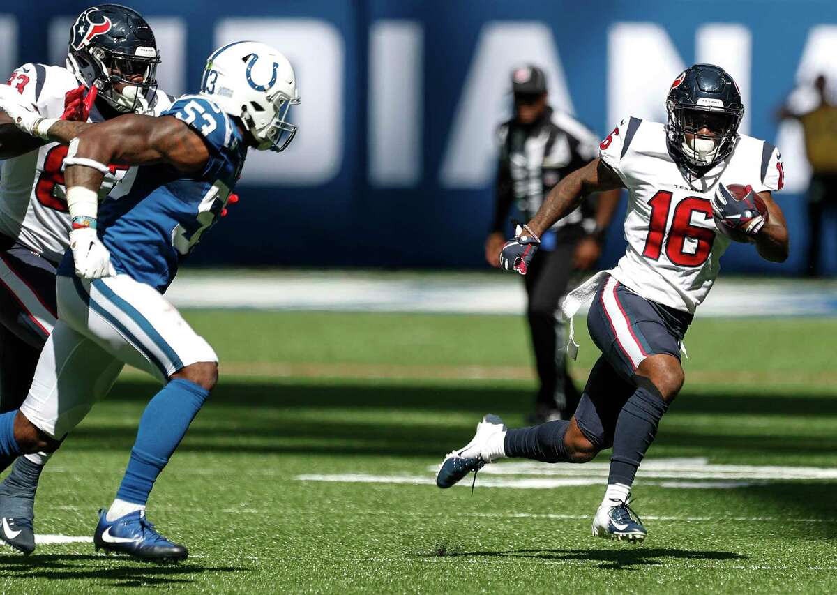Houston Texans wide receiver Keke Coutee (16) runs past Indianapolis Colts linebacker Darius Leonard (53) after making a catch during the first quarter of an NFL football game at Lucas Oil Stadium on Sunday, Sept. 30, 2018, in Indianapolis.