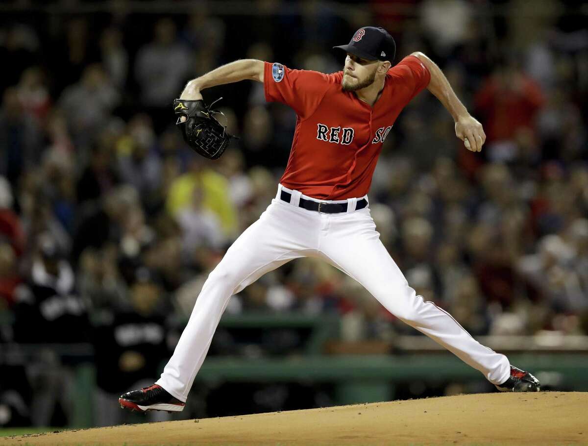 Red Sox starter Chris Sale worked into the sixth inning in Game 1 of the ALDS against the Yankees. (AP Photo/Charles Krupa)