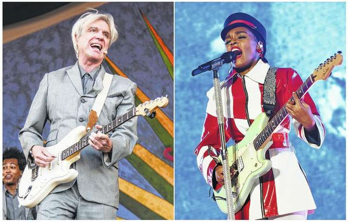 This combination photo shows David Byrne performing at the New Orleans Jazz and Heritage Festival in New Orleans on April 29 and Janelle Monae performing June 28 in Los Angeles. Byrne ends his current show on a serious note calling attention to minority victims of violence by covering Janelle Monae’s “Hell You Talmbout.” Monae said she was touched by Byrne’s gesture and believes the song’s message needs to be heard by every audience.