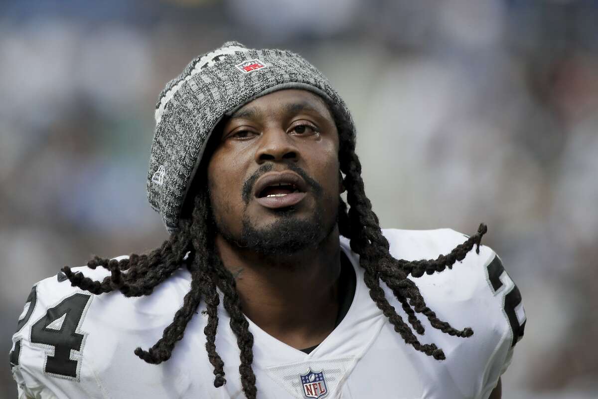 Oakland Raiders running back Marshawn Lynch looks on during the first half of an NFL football game against the Los Angeles Chargers Sunday, Oct. 7, 2018, in Carson, Calif. (AP Photo/Jae C. Hong)