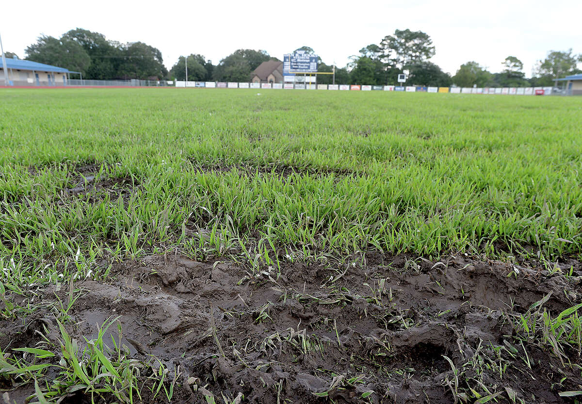 West Orange-Stark ISD is hoping to join the growing number of schools choosing to replace grass playing fields with artifical turf with the passing of a bond issue on the November ballot. After steady and heavy bouts of rain, the field conditions remain soggy and muddy, with holes in spots that coiuld present a threat of injury to players at Dan R. Hooks Stadium. It also requires continuous maintenance by groundskeepers, including repainting the lines and yard numbers on sometimes more than a weekly basis. If the school bond passes, West Orange-Stark will turf its football, baseball and softball fields. Wednesday, October 3, 2018 Kim Brent/The Enterprise