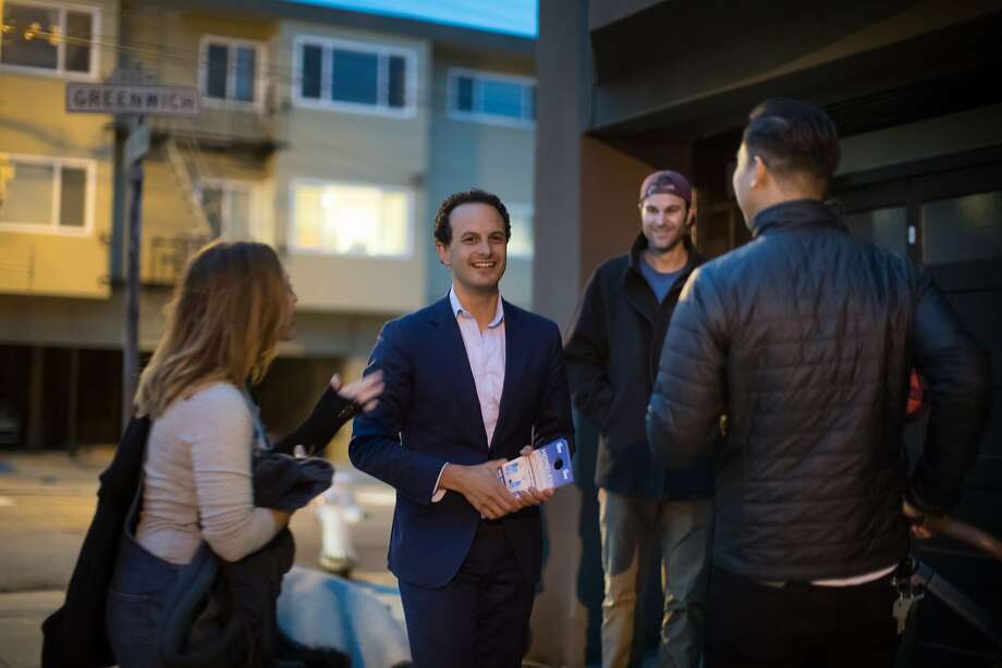 Allison Shu introduces Supervisor candidate Nick Josefowitz to her husband Richard Shu (right) and friends T.J.and Katie Laher (not pictured) on Saturday, Sept. 22, 2018, in San Francisco, Calif. Photo: Paul Kuroda / Special To The Chronicle