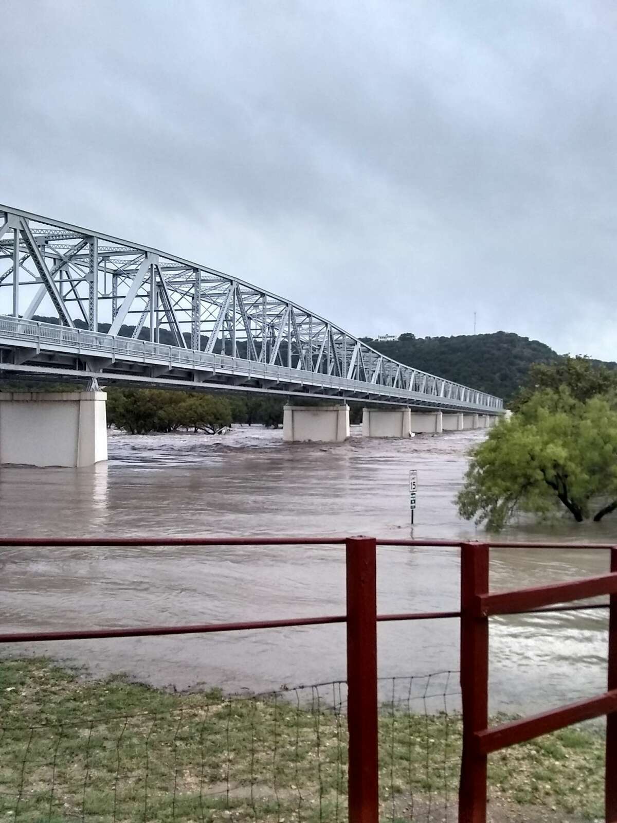 The South Llano River reached 31 feet in Junction, Texas, Monday morning, causing the river to overflow its banks and essentially drowning a nearby RV Park.