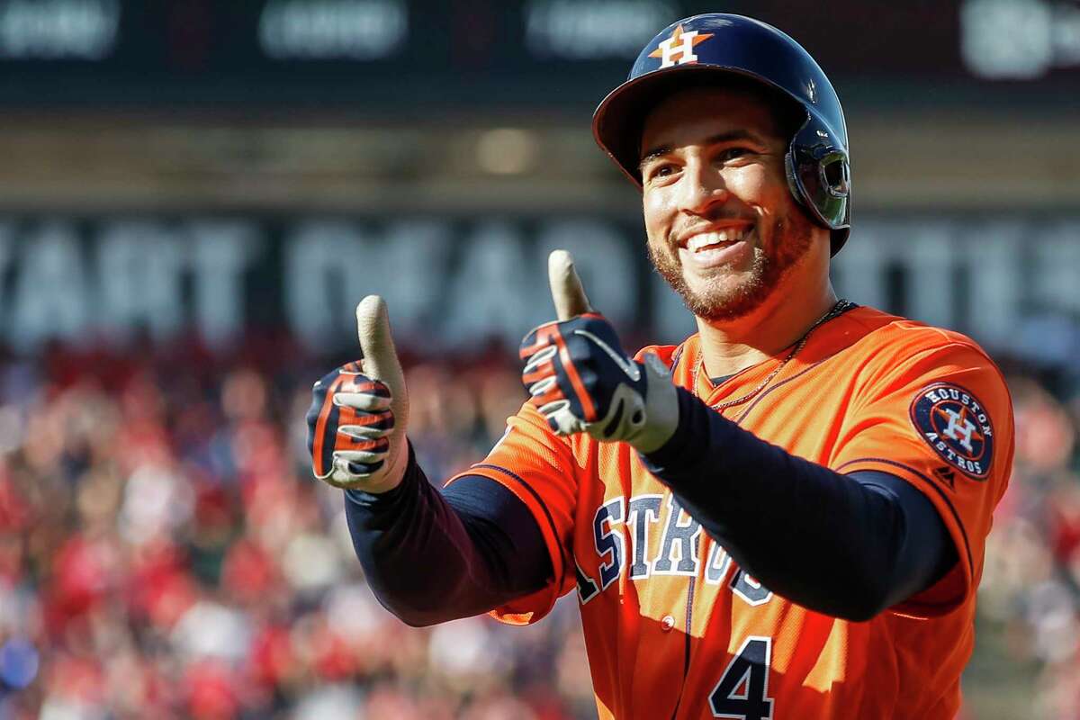 George Springer was two thumbs up after a key hit against the Indians in the ALDS but it was an injured thumb that slowed him at end of regular season.
