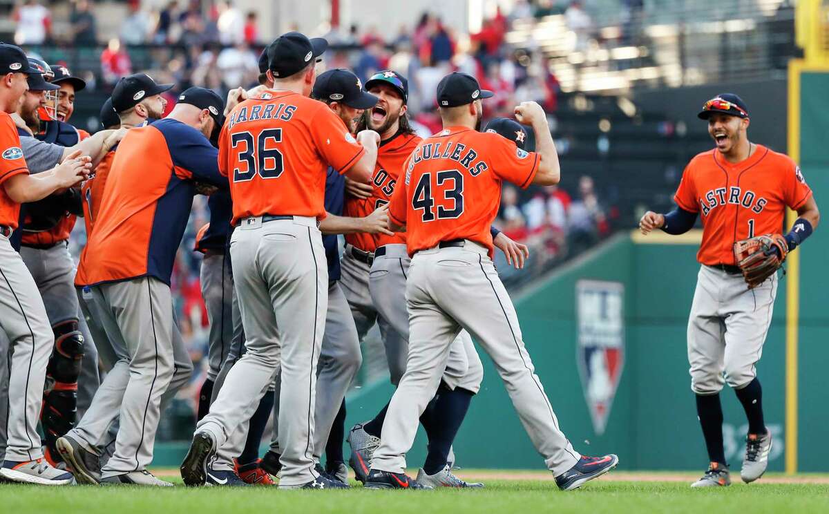 PHOTOS: ALDS, Game 3  Houston Astros players celebrate their 11-3 win over the Cleveland Indians in Game 3 of the American League Division Series go sweep the best-of-five series at Progressive Field on Monday, Oct. 8, 2018, in Cleveland.  >>>See photos of the Astros' ALCS-clinching win over the Indians in Game 3 of the ALDS ... 