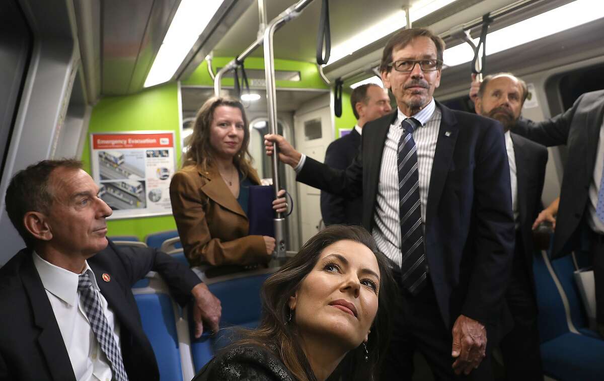 Mayor Libby Schaaf (front) reacts during a system-wide demonstration of BART's response to an earthquake early-warning alert as trains slowed to 27 mph and stations and trains broadcast an alert in a test of BART's response to a ShakeAlert warning on Monday, Oct. 8, 2018, in Berkeley.