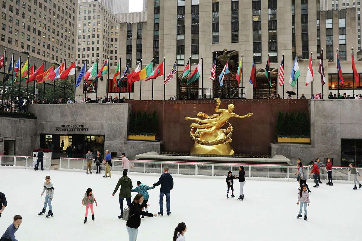 NEW YORK, NY - OCTOBER 08: People skate on Rockefeller Center's ice rink on its opening day of the season on October 8, 2018 in New York City. The historic ice rink, which will close again in April, is one of Manhattan's oldest and most popular tourist destinations. (Photo by Spencer Platt/Getty Images)