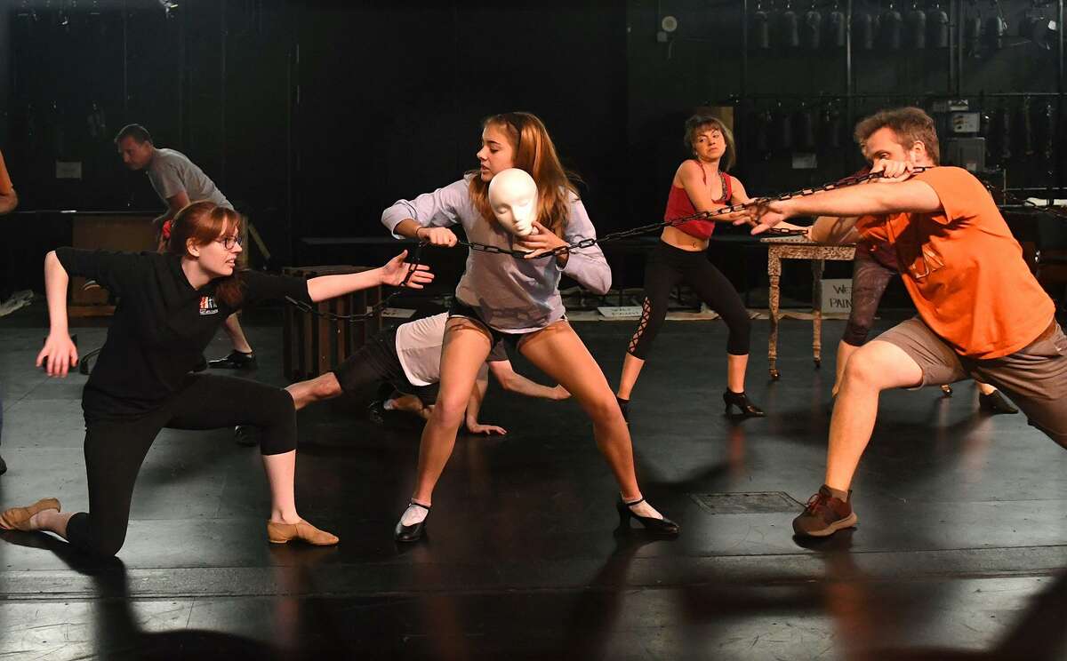 Kristen Malisewski, from left, Lucy Campbell, Ann Marie Boyd, and Josef Anderson work a dance scene during a rehearsal of the upcoming Stageworks Theatre production of "A Christmas Carol" at The Lone Star College - Cy-Fair Performing Arts Center on Sept. 26, 2018.