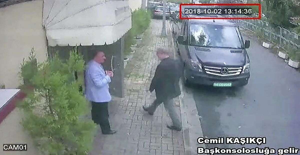 This image taken from CCTV video obtained by the Turkish newspaper Hurriyet and made available on Tuesday, Oct. 9, 2018 claims to show Saudi journalist Jamal Khashoggi entering the Saudi consulate in Istanbul, Tuesday, Oct. 2, 2018.