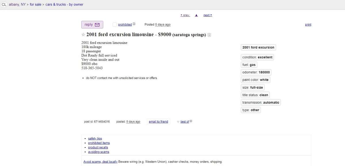 A Craigslist ad detailing the 2001 Ford Excursion for sale that crashed on Oct. 6 in Schoharie.