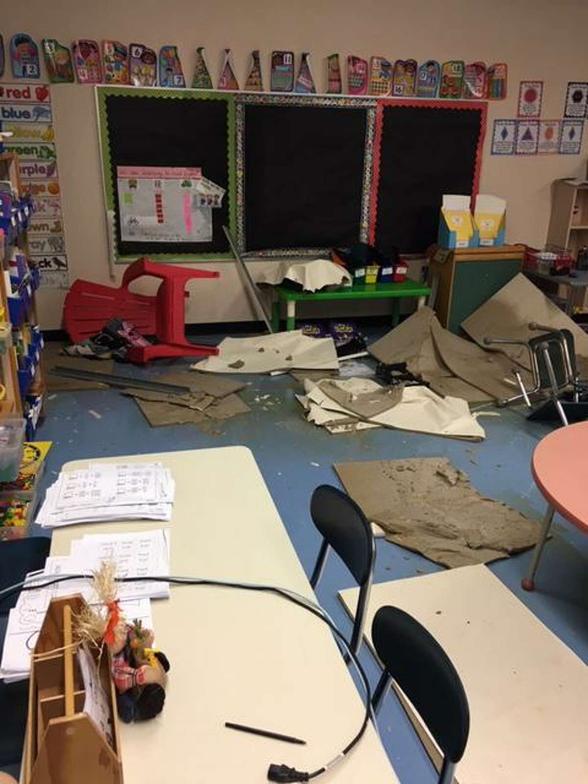 A classroom that was damaged after a broken pipe caused flooding over the weekend.