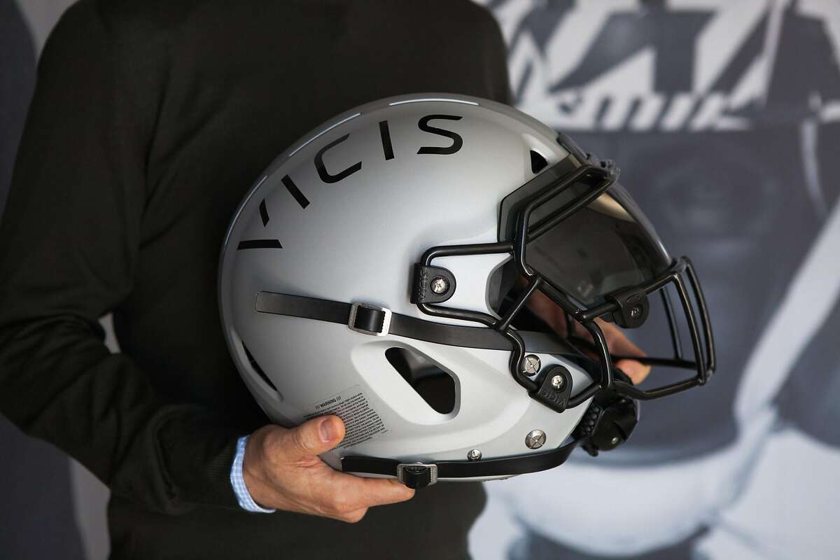 A helmet by football helmet manufacturing company, VICIS, undergoes impact testing in VICIS�s �Smash Lab� on Monday, Aug. 27, 2018 in Seattle, Wash..