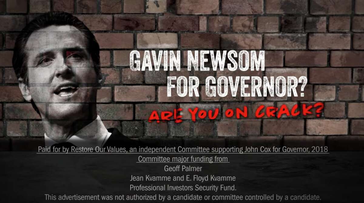 An attack ad from "Restore Our Values," an independent campaign committee supporting Republican John Cox for California governor, asks if Cox's opponent Democratic Lt. Gov. Gavin Newsom is on crack.